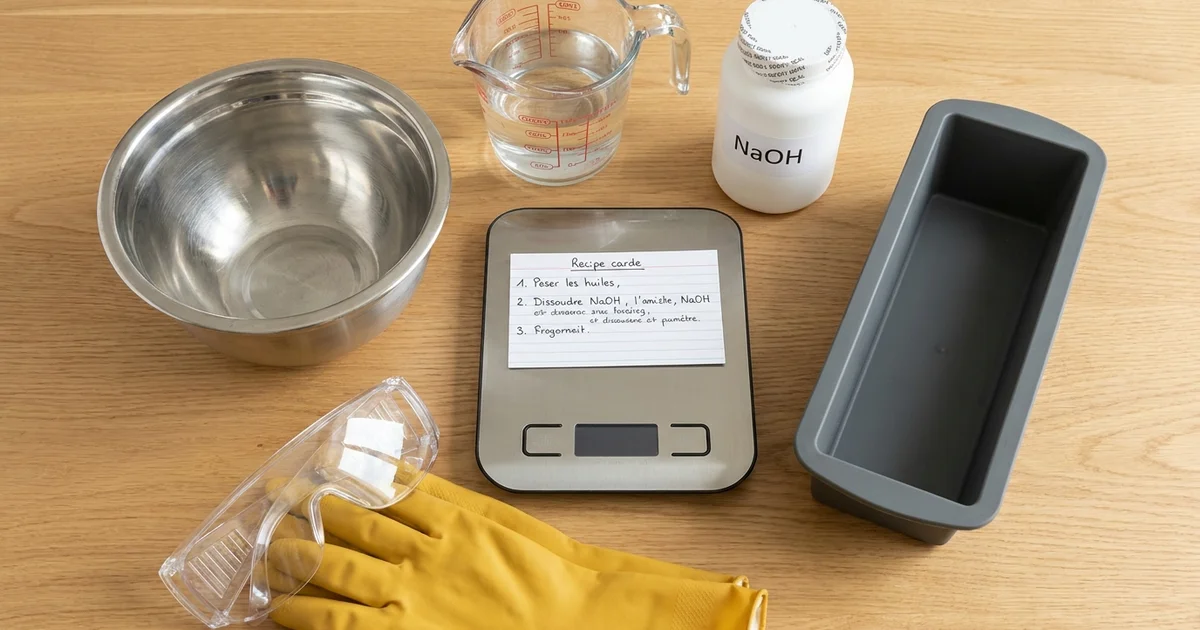 Atelier de saponification débutant avec balance, moules en silicone et flacon de soude caustique sur plan de travail