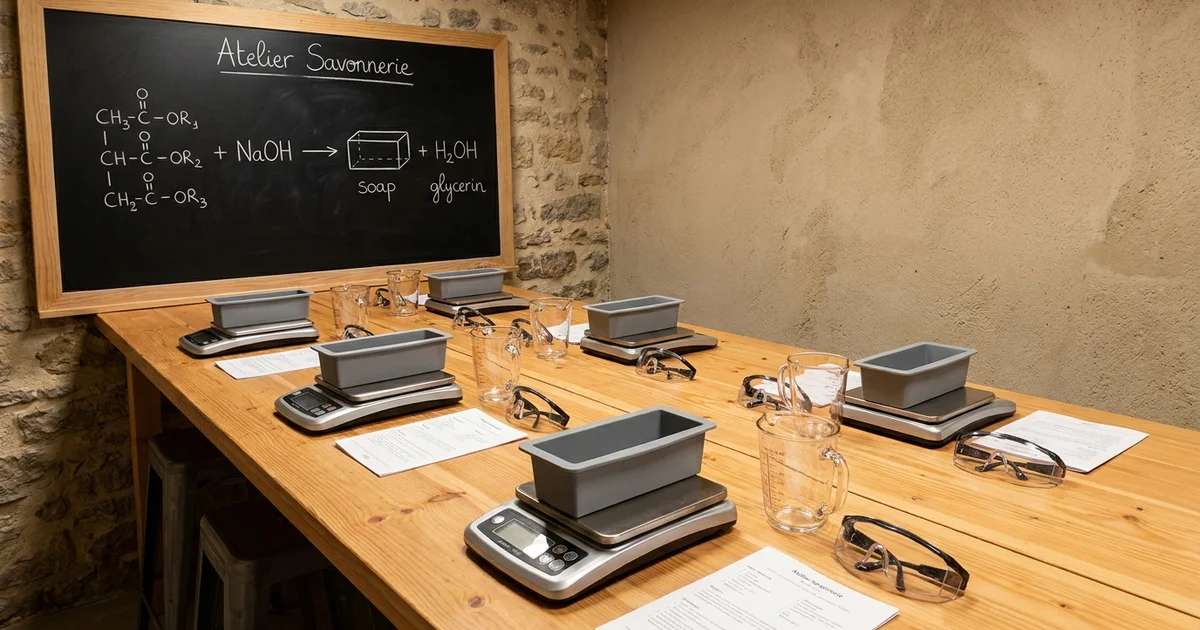 Atelier de saponification à froid avec moules en silicone, soude caustique et huiles végétales sur plan de travail
