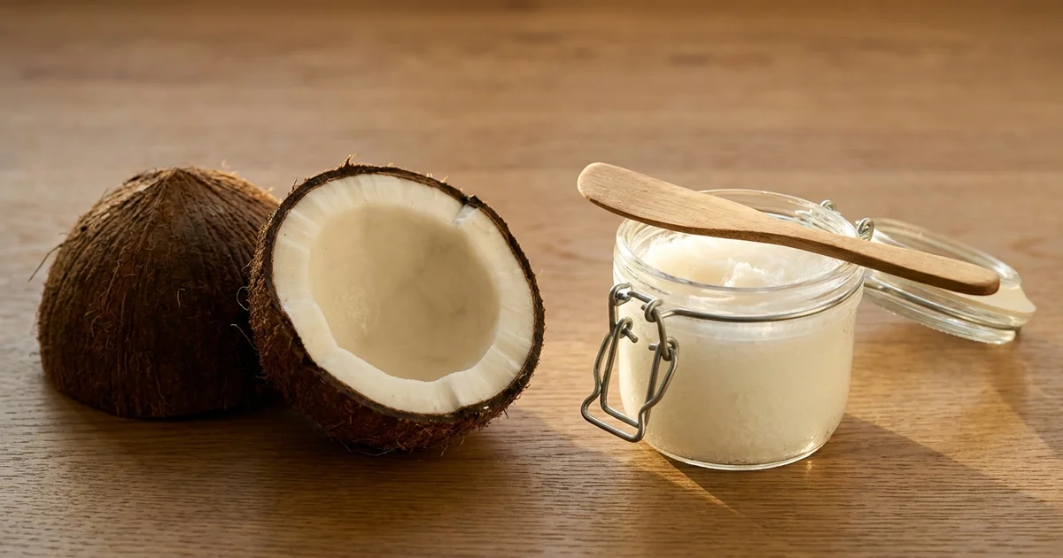 Noix de coco coupée en deux et huile de coco dans un bocal en verre sur surface en bois
