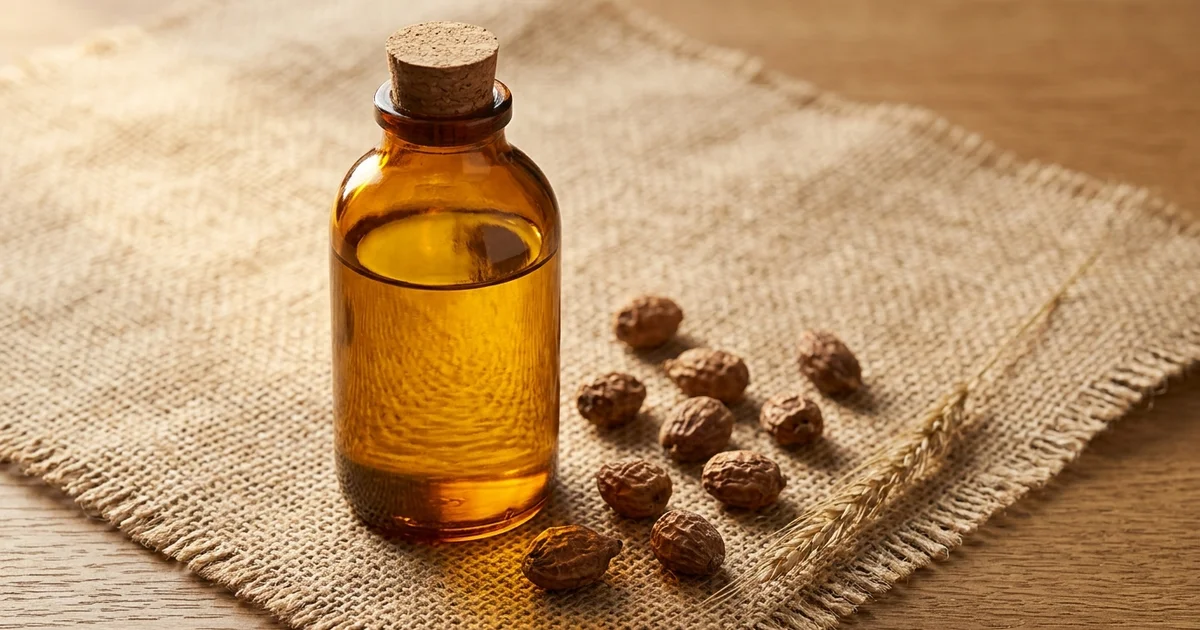 Flacon d'huile de souchet dorée avec des tubercules de Cyperus esculentus sur fond naturel