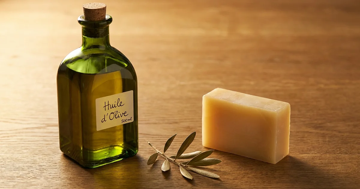 Bouteille d'huile d'olive vierge extra et pain de savon artisanal doré sur fond de bois naturel