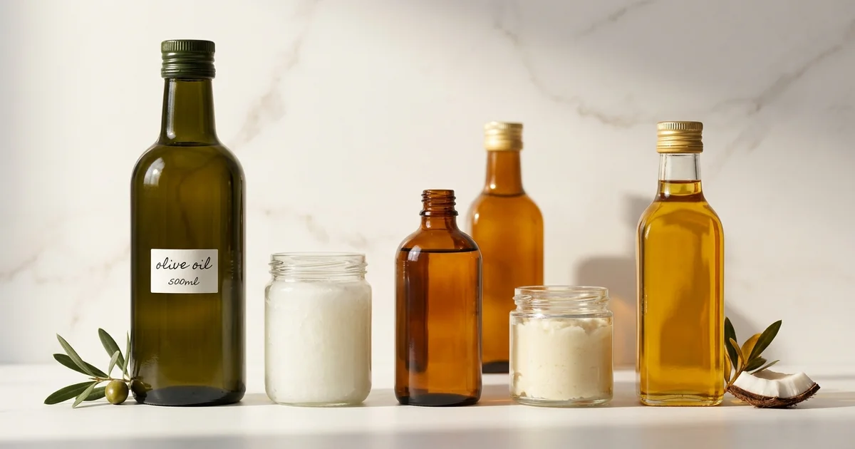Flacons d'huiles végétales alignés pour la saponification artisanale : olive, coco, ricin, karité
