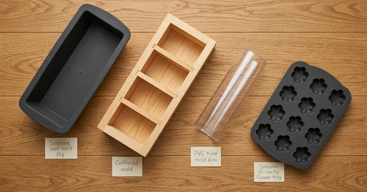Assortiment de moules à savon en silicone, bois et PVC sur un plan de travail de savonnerie artisanale
