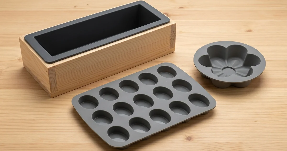 Moules silicone pour savon : loaf rectangulaire 1kg avec coffrage bois, plateau 12 cavités et moule fleur sur plan de travail savonnerie