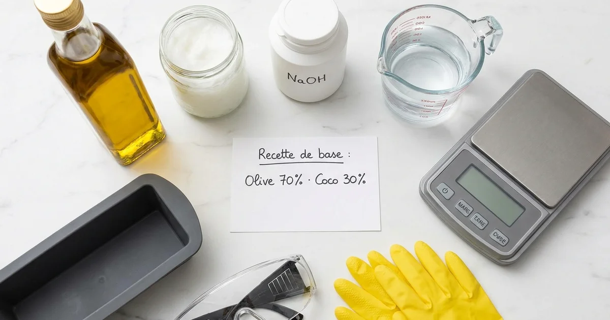 Ingrédients pour recette savon fait maison : huiles végétales, soude caustique NaOH, balance de précision et moule silicone