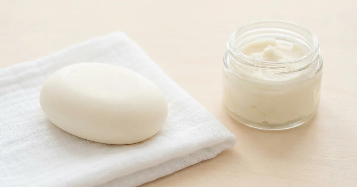 Pain de savon bébé fait maison au beurre de karité, texture lisse ivoire sur fond bois clair