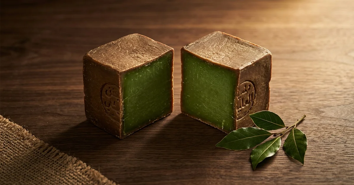 Cube de savon d'Alep coupé révélant l'intérieur vert olive et la surface brun oxydé — signe d'authenticité