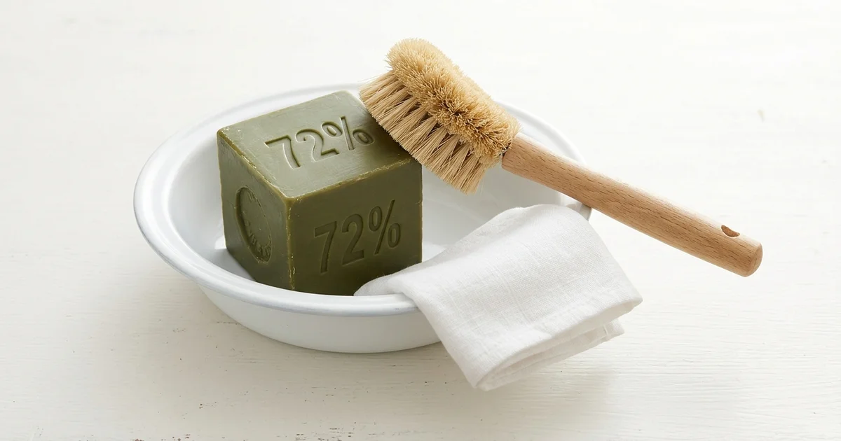 Cube de savon de Marseille vert avec une brosse en bois et une bassine, usages ménagers et cosmétiques