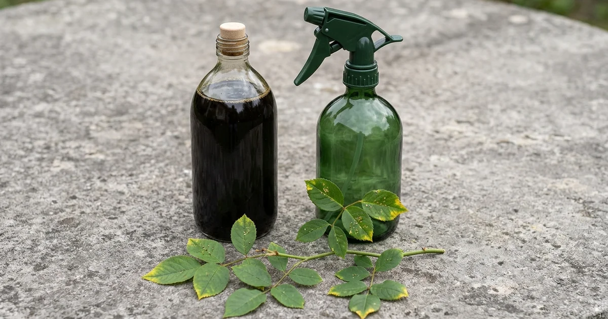 Flacon de savon noir liquide et pulvérisateur posés sur une table de jardin, feuilles de rosier en arrière-plan