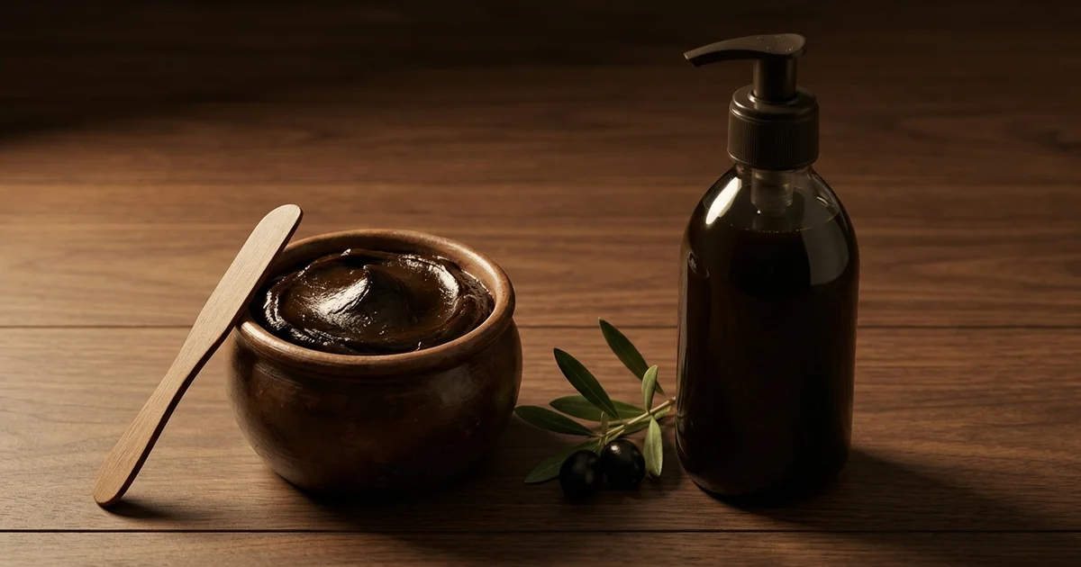 Pot de savon noir pâte et flacon de savon noir liquide côte à côte sur une surface en bois naturel