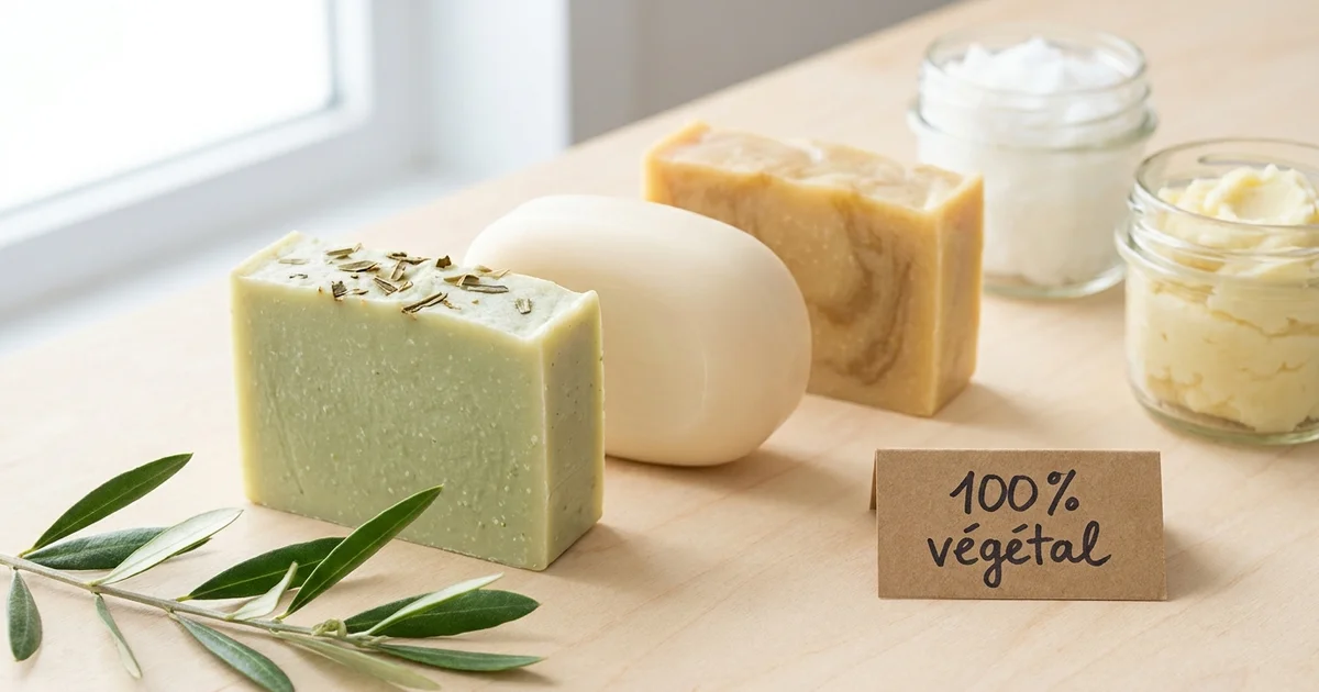 Savons vegan faits maison à base d'huiles végétales sur un plan de travail en bois